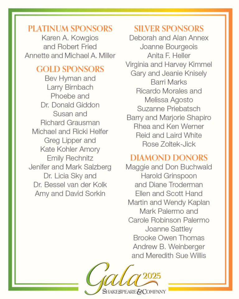 A list of names of sponsors of a gala at platinum, Gold, Silver, and Diamond Levels