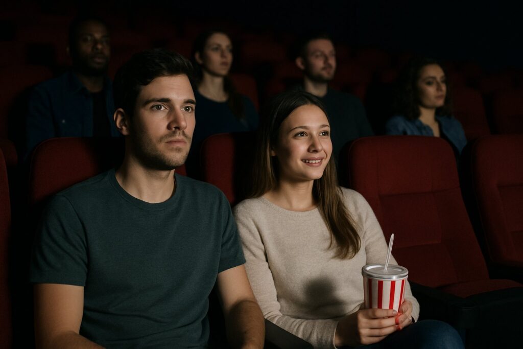 two people sitting in a movie theatre looking up at a screen. one is holding a covered soda.